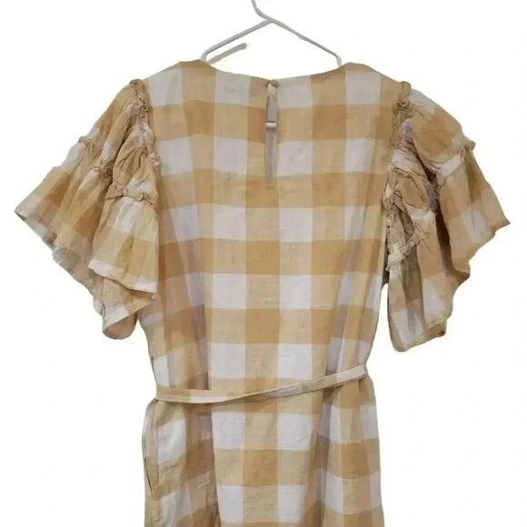 Who What Wear Women's Tan & White Cotton Large Gingham Checked Lined Dress w Ruf - Picture 9 of 14